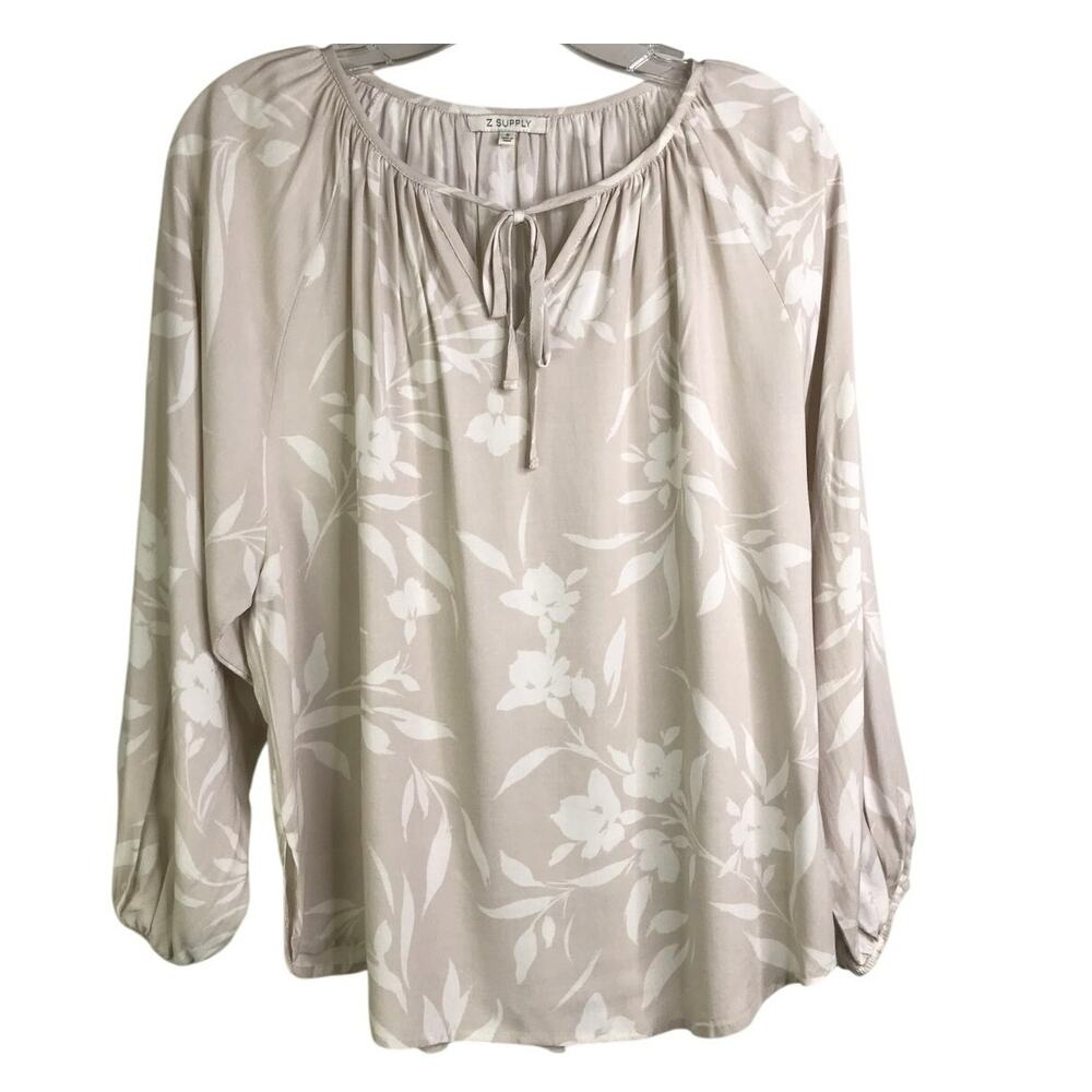 Z Supply Blouse Wmn‎ Sz S Beige White Floral Elastic Puff Long Sleeve Top Boho